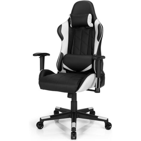 COSTWAY Silla de Gaming Giratoria a 360°, Silla Ergonómica para Ordenador con Cojín Lumbar, Ángulo Regulable (Blanco)