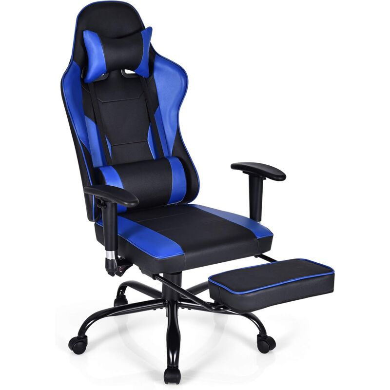 

Silla de Gaming Giratoria en Estilo Carrera, Silla Reclinable con Reposabrazos Regulables y Reposapiés Retráctil (Azul) - Costway