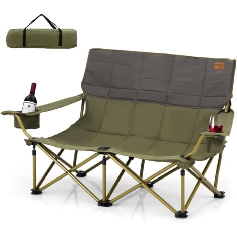 COSTWAY Silla Plegable Camping 2 Personas, Silla Plegable Portatil Ligera 2 Portavasos, Acolchado de Algodón y Bolsa de Almacenamiento, Silla Playa Plegable, Carga 300kg, 149 x 70 x 80 cm (Verde)