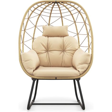 COSTWAY Sillones Jardin Exterior de Tipo Huevo, Cojín Extraíble, Almohada y Soporte de Metal, Silla Huevo de Ratan Jardin Terraza Balcon Exterior, Carga 150kg (Beige)