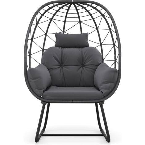 COSTWAY Sillones Jardin Exterior de Tipo Huevo, Cojín Extraíble, Almohada y Soporte de Metal, Silla Huevo de Ratan Jardin Terraza Balcon Exterior, Carga 150kg (Gris)
