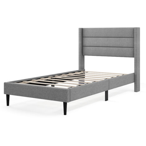 COSTWAY Single Bed Frame Linen Upholstered Platform Bed w/Headboard-Grey