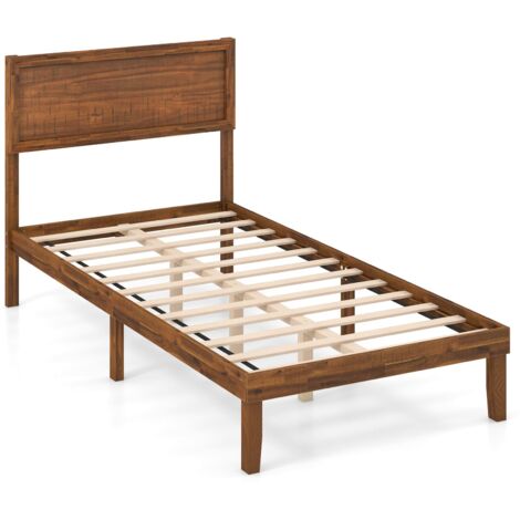 COSTWAY Single Size Bed Frame Acacia Wood Platform Bed w/Headboard-Walnut