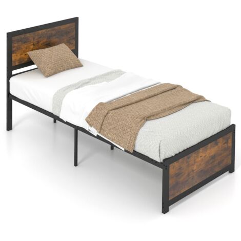 COSTWAY Single Size Bed Frame Heavy-duty Industrial Metal Platform Bed w/High Headboard