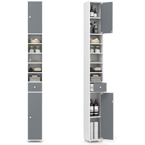 COSTWAY Slim Bathroom Tall Cabinet Floor Storage Cabinet Organizer-Grey+White