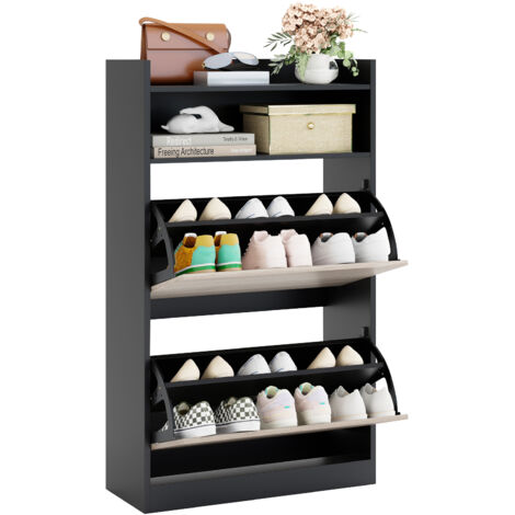 COSTWAY Slim Hidden Narrow Shoe Organizer Cabinet with Open Storage-Black