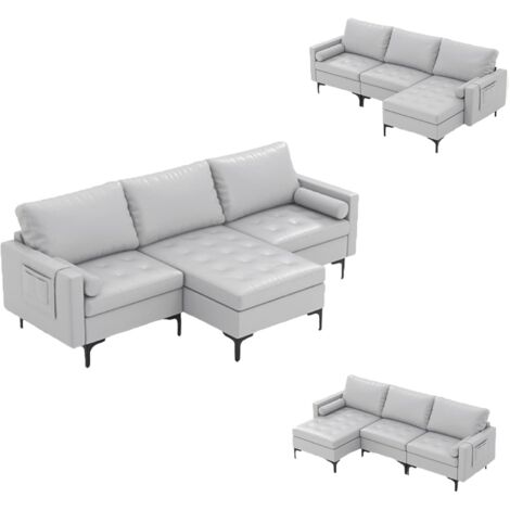 COSTWAY Sofá Modular de Esquina en Forma de L, Extra Grande con USB, Patas de Metal Sólido, 2 Cojines Desmontables Incluidos, Sofá de Esquina de Tela para Salón, Dormitorio,Gris Claro (Modo 4)