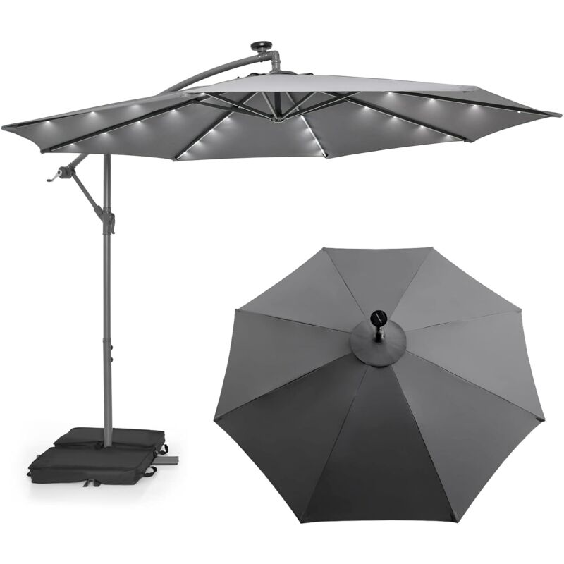 Parasol Déporté 3x3M, Grand Parasol de Jardin Extérieur Lumineux Solaire avec 2 Sacs de Sable, Base Croisée, Parasol Inclinable avec Manivelle, pour