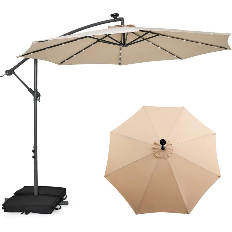 Costway - Parasol Déporté 3x3M, Grand Parasol de Jardin Extérieur Lumineux Solaire avec 2 Sacs de Sable, Base Croisée, Parasol Inclinable avec
