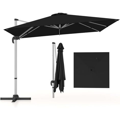 COSTWAY Sombrilla Terraza Exterior rectangular con Base 3x3m, Parasol Jardin Excentrico, Rotación de 360°, Inclinación Ajustable, Guarda Sol Jardin Exterior, Manivela y Base en Cruz Negro
