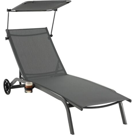 COSTWAY Sonnenliege mit Rollen, Getränkehalter & Dach, Gartenliege mit Verstellbarer Rückenlehne, Terrassenliege, bis 150kg Grau