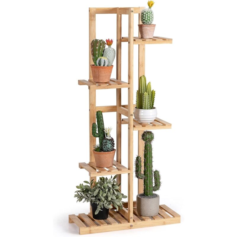 

COSTWAY Soporte para Plantas de Bambú con 5 Niveles, Estante para Flores para 6 Macetas, Porta Plantas con Dispositivo Antivuelco