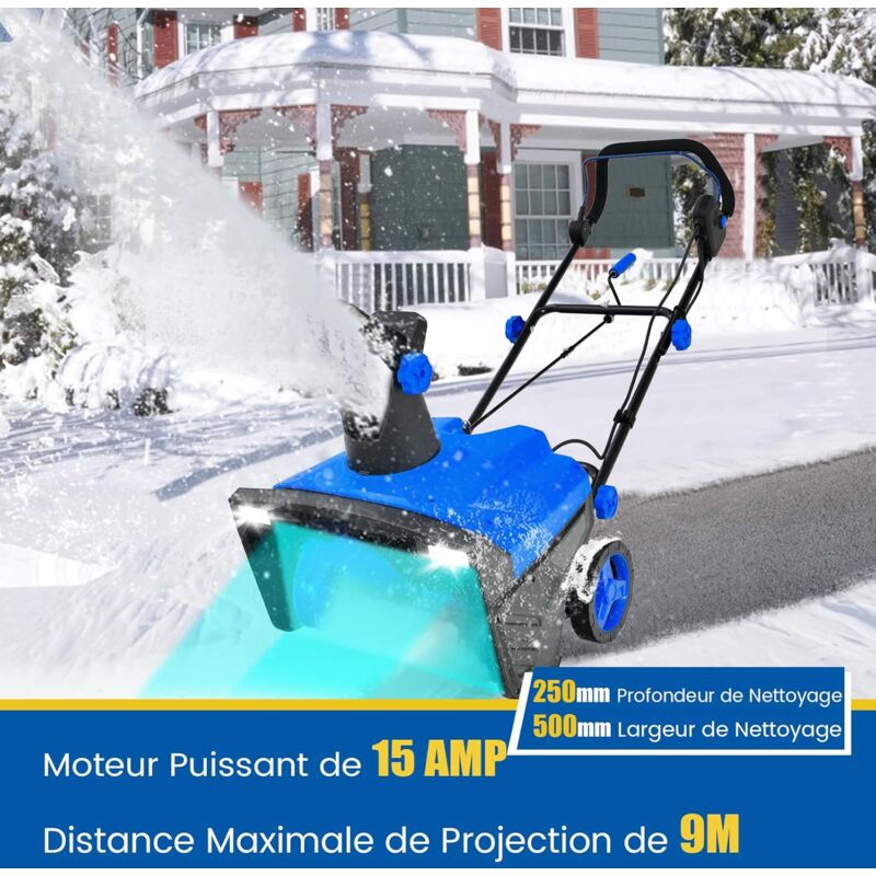 Souffleuse à Neige Électrique Manuelle avec 2 Lumières led, Déneigeuse Filaire 15 a 500 mm avec Goulotte Rotative à 180° Distance de Projection 9 m,