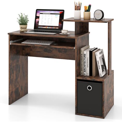 COSTWAY Space-saving Computer Desk with Pull-out Keyboard Tray-Rustic Brown
