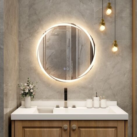 COSTWAY Specchio da Parete 60 x 60cm, Specchio da Bagno Rotondo con Luci Led a 3 Colori, Interruttore a Sfioramento Anti-Appannamento, Funzione di Memoria e Motivo a Onda, IP44