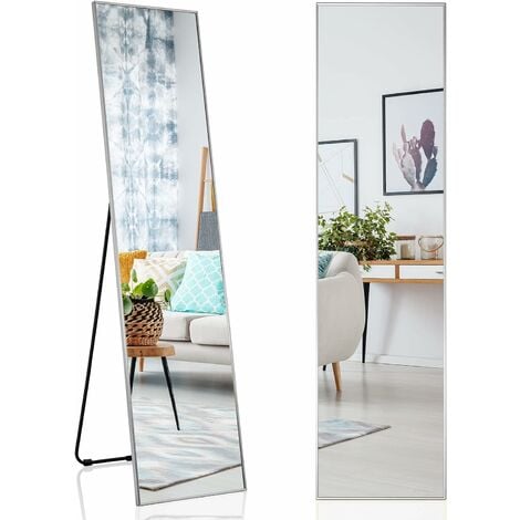 COSTWAY Specchio da Parete Lungo, Specchio da Terra Appendere con Cornice in Lega di Alluminio e Ganci, Per Camera da Letto e Soggiorno, 160 x 40 cm (Argento)