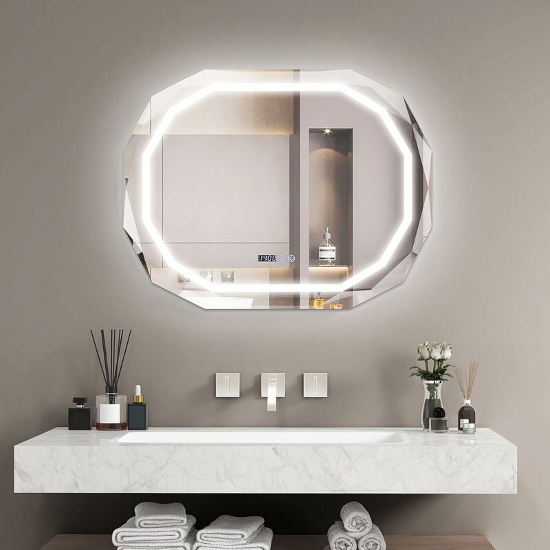 Costway - Specchio led per Bagno, Specchio Antappannamento con Luce a 3 Colori, Funzione di Memoria Lettura di Tempo e Temperatura, Specchio