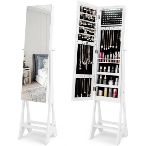 COSTWAY Specchio Portagioie, Armadio Regolabile per Gioie con Specchio Senza Cornice e 12 Luci a LED per Camera da Letto, Specchiera Portagioe per Trucco da Terra, 36x33,5x154,5 cm (Bianco)