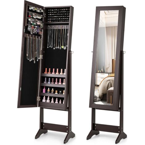 COSTWAY Specchio Portagioie da Terra, Armadietto Portagioie con Specchio a 3 Angoli, Organizer per Gioie Camera da Letto, 35 x 30 x 144 cm (Marrone)