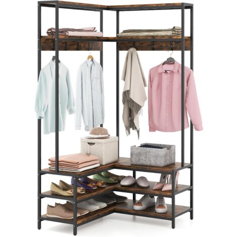 COSTWAY Stand Appendiabiti Angolare, Appendiabiti a Forma L con Ripiani Aperti 7 Ganci e Panca per Scarpe, Struttura in Metallo e Piedini Regolabili, per Camera da Letto Guardaroba, 90x90x178 cm,Caffè