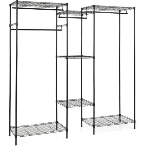 COSTWAY Stand Appendiabiti, Mobile Convertibile per Abiti con Installazione a L e Orizzontale, Appendiabiti con 7 Ripiani Regolabili in Filo Metallico e 4 Bastoni Appendiabiti, Portata 530 kg (Nero)