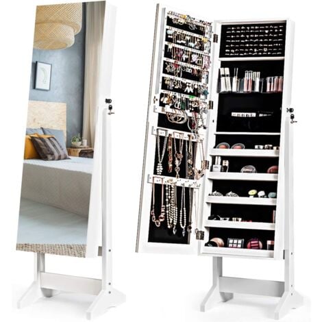 COSTWAY Standspiegel mit Schmuckschrank abschliessbar, freistehender Ganzkoerperspiegel, Schmuckorganisator mit 120 Ohrringfaechern, 24 Halskettenhaken, 98 Ringfaechern, 5 Einlegeboeden für Make-up We