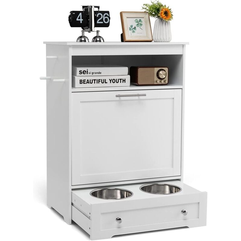 Station d'alimentation pour Animaux de Compagnie avec Bol en Acier Inoxydable, Crochet de Suspension, Dispositif Anti-basculement pour Placard à