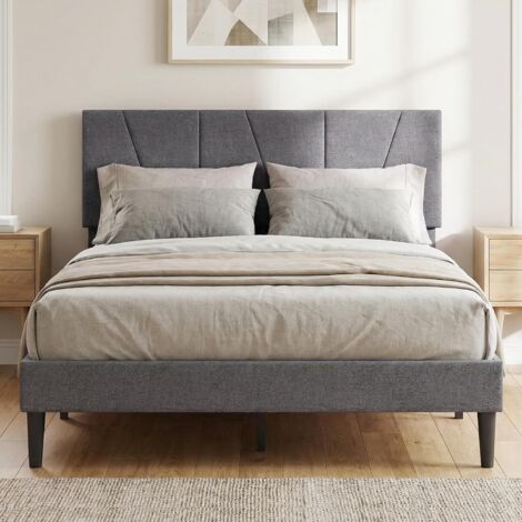 COSTWAY Struttura Letto Matrimoniale, Letto Piattaforma Rivestito in Lino con Testiera Regolabile in Altezza, Doghe in Legno a Supporto del Materasso, Silenzioso (200x140 cm)