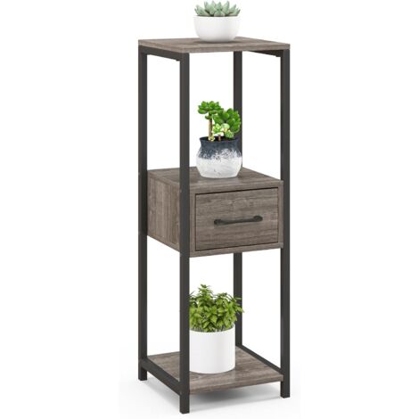 Costway – Support à plantes en métal 3 niveaux – Etagère avec tiroir et dispositifs anti-basculement – Dimensions 30,5x30,5x92cm – Gris et noir