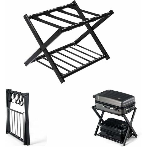 Costway – Support de bagages pliable 68x43x58 cm – 2 étages – 4 sangles en métal noir – Capacité 60 kg pour chambre et hôtel