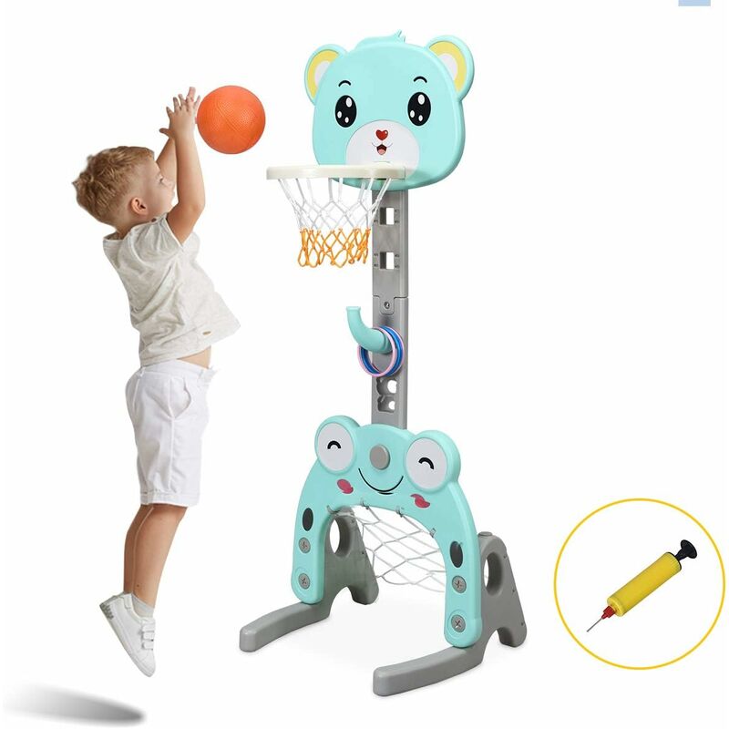 Support de Basket Multifonctionnel pour Enfant avec Panier de Basket-Ball Réglable, But de Football et Anneau à Lance, Basket-Ball et Football