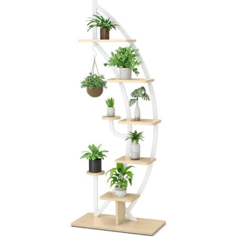 COSTWAY Support de Plante en Métal à 7 Niveaux, Étagère à Fleurs avec Crochet, Porte Plantes en Forme de Demi-lune avec Dispositif Anti-renversement, pour Salon, Balcon, 60 x 30 x 155 CM, Blanc