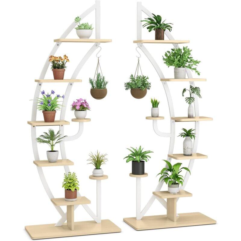Support de Plante en Métal à 7 Niveaux, Étagère à Fleurs avec Crochet, Porte Plantes en Forme Demi-lune avec Dispositif Anti-renversement pour Salon