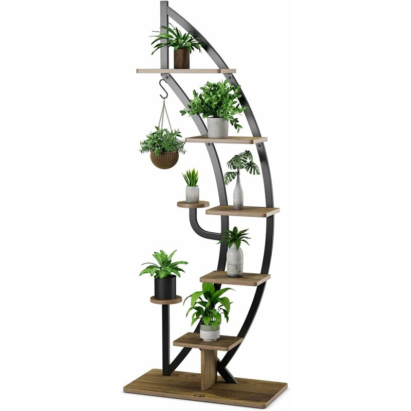 Costway - Support de Plante en Métal à 7 Niveaux, Étagère à Fleurs avec Crochet, Porte Plantes en Forme de Demi-lune avec Dispositif