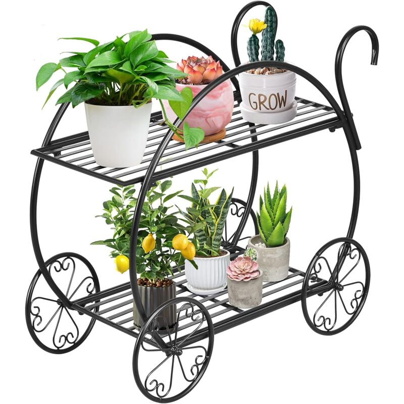 Support de Plantes à 2 Niveaux en Métal Anti-rouille de Style Parisien, Étagère à Plantes avec 4 Roues Décoratives pour Pot de Fleurs Charge 20KG,
