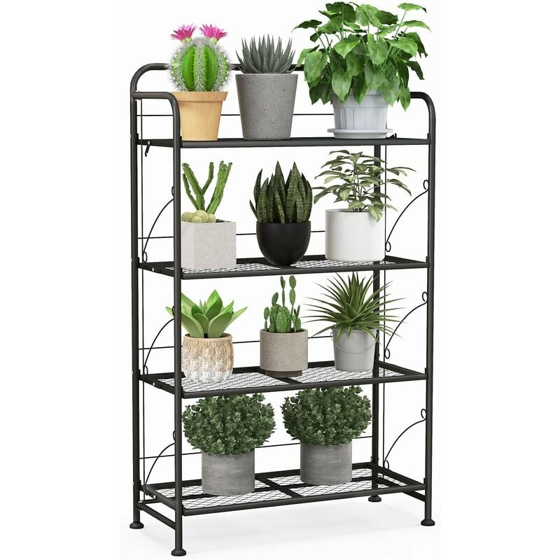 Costway - Support de Plantes Pliable à 4 Niveaux en Métal avec Étagère Réglable, Support de Pot de Fleurs avec Pieds Réglables pour Jardin Balcon