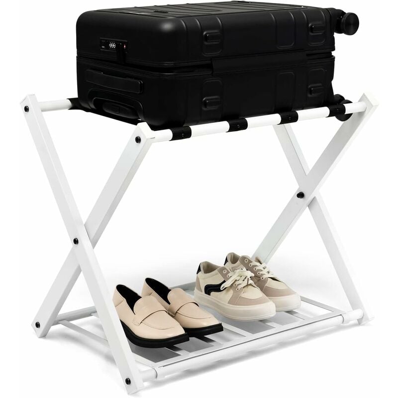 Support de Valise Pliable avec 2 Etages et 4 Sangles, Porte-Valise Fabriqué par des Tubes en Fer de Haute Qualité, Accessoire de Domicile, Hôtel pour