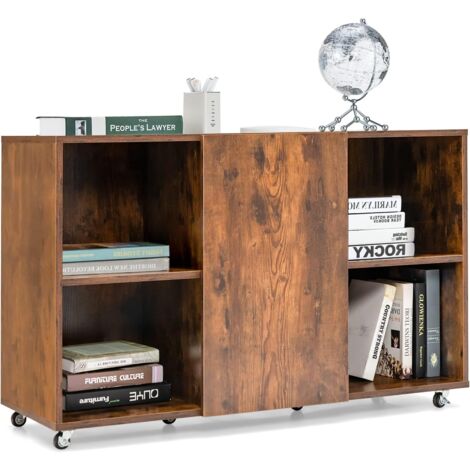 COSTWAY Support Imprimante Roulant, Caisson Bureau Mobile sur 6 Roues, 6 Compartiments avec Porte, Meuble de Rangement Buffet pour Maison, Bureau, 110 x 40 x 69 cm (Brun Rustique)