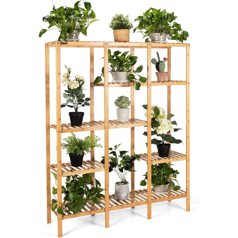 Costway - Support pour Plantes en Bambou à 5 Niveaux, Porte-Plante pour 12 Plantes en Pot Charge Total 50KG, Support de Rangement pour Salon Terrasse