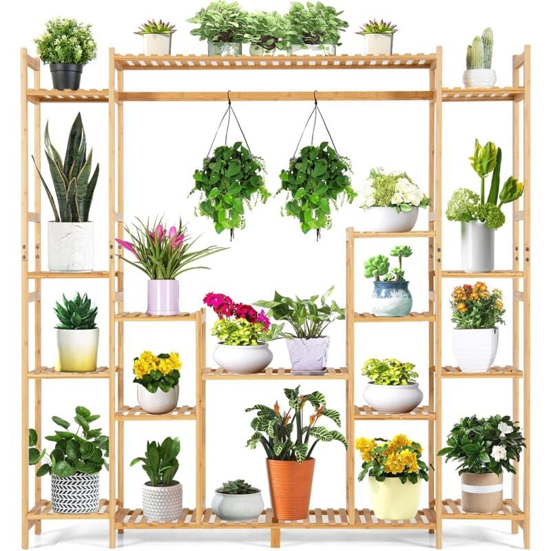 Costway - Support pour Plantes en Bambou à 9 Niveaux, Porte-Plante Dispositif Anti-basculement Charge de Chaque Étagère 10 kg, Support de Suspension