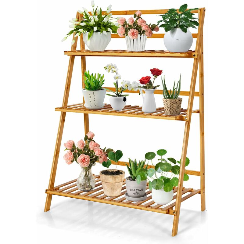 Costway - Support pour Plantes en Bambou Pliant à 3 Niveaux, Étagère Pliable pour Pot de Fleurs Chaque Étagère Charge 15KG, Escalier à Plantes pour