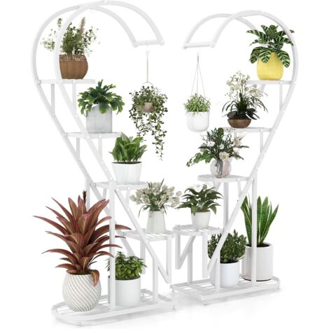 COSTWAY Support pour Plantes en Métal à 5 Niveaux, Étagère à Fleurs avec Crochet, Porte Plantes en Forme d'Échelle et de Demi-cœur, pour Salon, Balcon, 71 x 30,5 x 148 CM (Blanc)