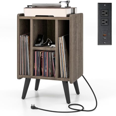 COSTWAY Supporto per Giradischi, Porta Vinili con 4 Ripiani Aperti, Presa di Corrente e Porta USB, con Mensole Espositive, per Soggiorno, Camera da Letto e Ufficio, 43 x 34,5 x 67,5 cm (Grigio)