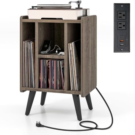 COSTWAY Supporto per Giradischi, Porta Vinili con 4 Ripiani Aperti, Presa di Corrente e Porta USB, con Mensole Espositive, per Soggiorno, Camera da Letto e Ufficio, 43 x 34,5 x 67,5 cm (Grigio)