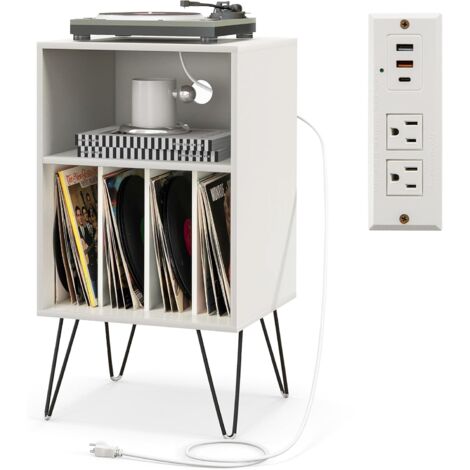COSTWAY Supporto per Giradischi, Porta Vinili con 5 Scomparti di Archiviazione, Presa di Corrente e Porta USB e TYPEC, per Soggiorno, Camera da Letto e Ufficio, 48 x 40 x 88 cm (Bianco)