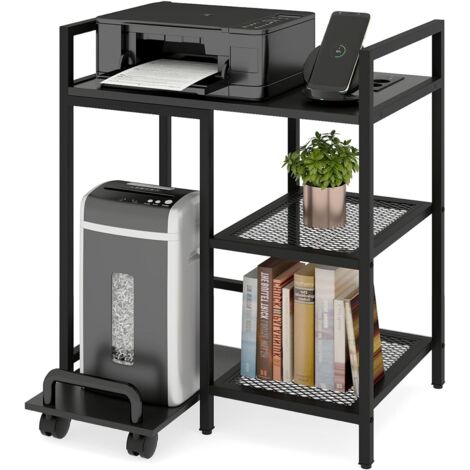 COSTWAY Supporto per Stampante con Stazione di Ricarica, Tavolino per Stampante a 3 Ripiani con Scaffali Portaoggetti, Supporto Mobile con Ruote Blocccabili per Studio e Ufficio (Nero)