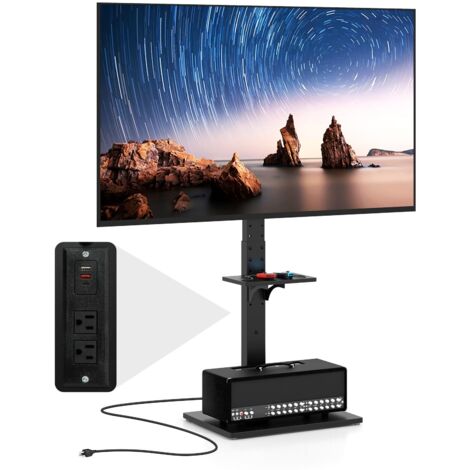 COSTWAY Supporto TV da Pavimento da 32-70 Pollici, Piedistallo TV Regolabile in Altezza e Inclinazione con Presa di Corrente e Ripiano AV, Portata 50 kg, Porta TV per Soggiorno