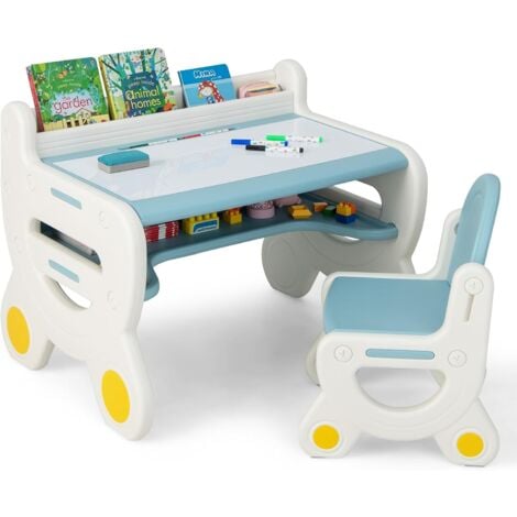 COSTWAY Table à Dessin et Chaise pour Enfants avec 5 Stylos & Gomme, Bureau Enfants en Forme Mignon avec Espace de Rangement Caché, Charge 30/50kg, Chevalet pour Enfants de 3-8 Ans (Bleu)