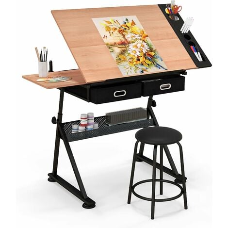 COSTWAY Table à Dessin Inclinable avec Tabouret,2 Tiroirs Pour l'Art et l'Artisanat Hauteur Réglable Multifonctionnel,61,5 x 119 x (73,5-98) cm