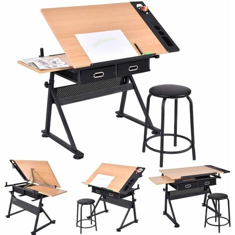 COSTWAY Table à Dessin Inclinable Bureau à Dessin 15MM MDF avec Tabouret 2 Grands Tiroirs Hauteur Réglable 115x60x(65-90.5) CM